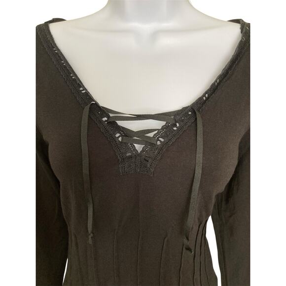 Vintage 90s Y2k Goth Boho Grunge Lace Up Ribbon Black Stretch Knit Top Size M/L - Picture 3 of 6